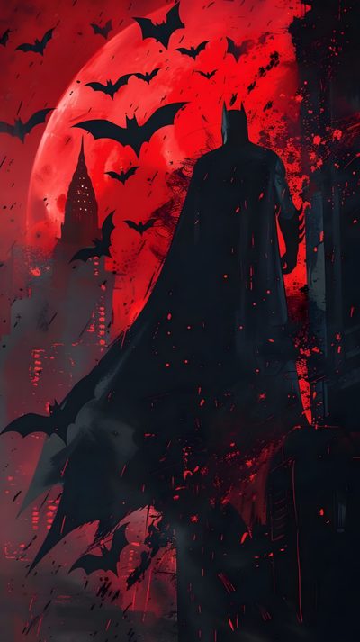 the dark knight is standing in front of a full moon with bats flying over it Batman Halloween Demon Batman, Batman Amoled, Nightmare Batman, Batman Red Sky, Cool Batman, black