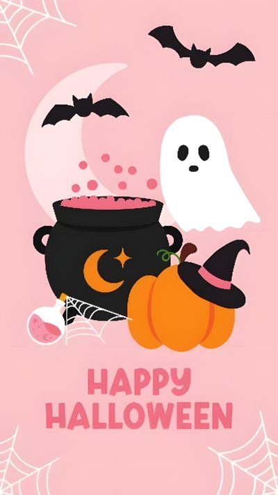 a halloween card with a caulder and pumpkins Happy Halloween Pink Cutesy Halloween, Halloween Wall Paper Design, Cute Halloween Happy Halloween,