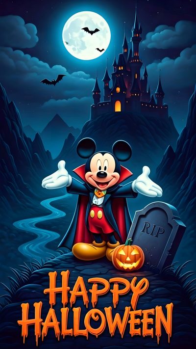 mickey mouse in front of a castle at night with happy halloween written on the side Disney Channel Halloween Dracula Costume, Disney Halloween Art, Halloween Disney, midnight blue