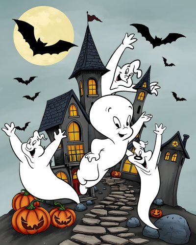 two cartoon ghostes are dancing in front of a house with bats and pumpkins Casper Halloween Halloween Theme Cartoons, Casper Halloween Drawing, Gasper The Ghost, dark gray