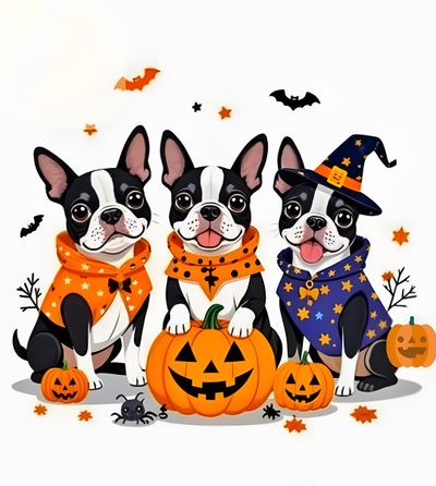three boston terriers dressed up in halloween costumes with jack - o'- lanterns Halloween Boston Terrier Dogs, Boston Terrier Halloween Clipart, French Bulldog Halloween Background, white smoke