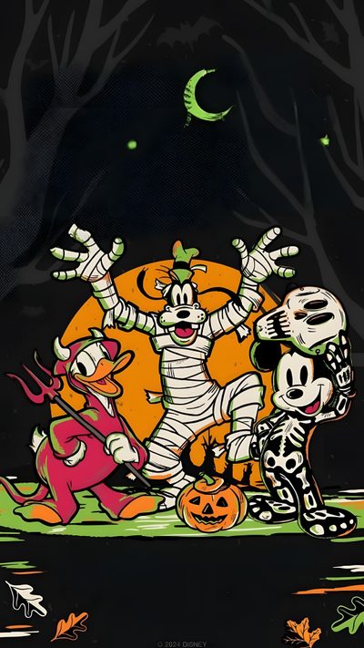 cartoon characters dressed up as skeletons and pumpkins in front of a full moon sky Mickey And Friends Halloween Backgrounds Halloween Cartoon Art, Disney Halloween Characters Illustration, Disney Spooky Night Scene, black