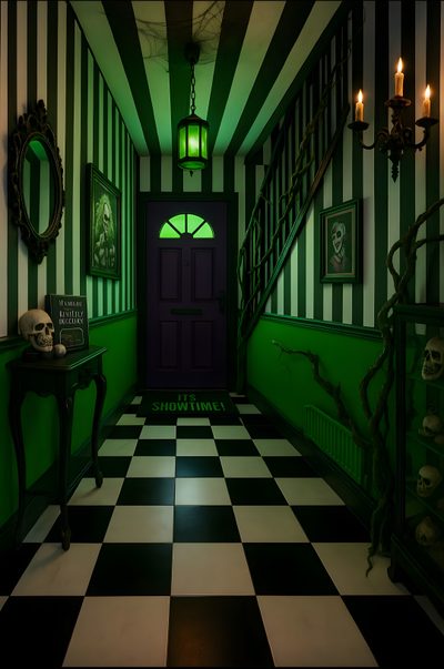 a hallway with black and white checkered flooring, green walls and a purple door Halloween Hallway Beetlejuice House Inside, Spooky Mansion Inside, Beetlejuice Photoshoot Ideas, black