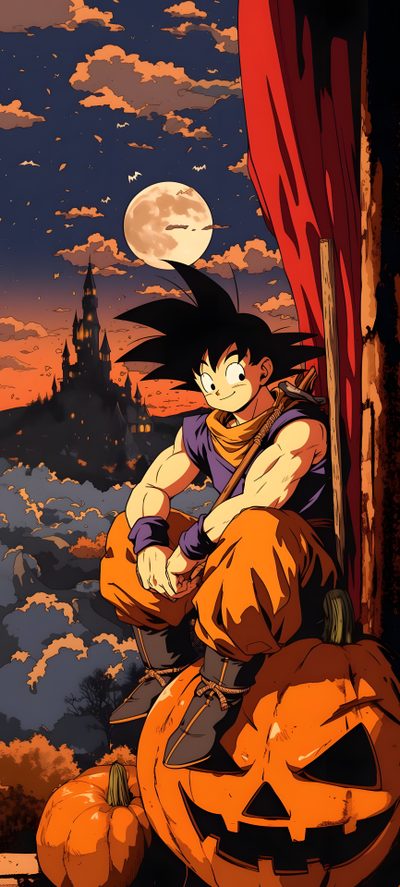 a cartoon character sitting on top of a pumpkin Halloween Goku Goku Dbz, Goku Super Saiyan Orange, Beast Gohan Iphone, saddle brown