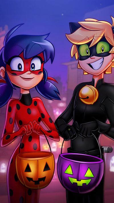 two cartoon characters dressed up as ladybugs and catwoman with pumpkins in their hands Miraculous Ladybug Halloween Ladybug, Ladybug And Cat Noir, Ladybug Art, dark slate gray