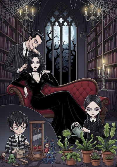 a couple sitting on a couch in front of a book shelf Halloween Addams Family Adams Family Aesthetic, Gothic Family, Addams Family Aesthetic, dark slate gray