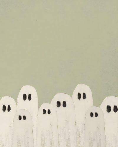 a group of white ghost standing next to each other Aesthetic Sage Green Halloween Halloween Painting Beginner, Autumn Diy Decorations Fall Crafts Easy, Sage Green Halloween, tan