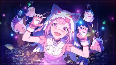 an anime character with pink hair and blue eyes holding up her hands in the air Pjsk Halloween Colorful Stage Cards, Emu Cards 4k, Otori Emu Cards, Emu Otori Halloween Card, dark slate blue