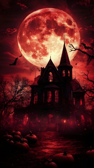a spooky house with pumpkins in the foreground and a full moon behind it Moon Halloween Halloween Decoration Inspiration, Halloween Spooky Scene, Haunted House With Red Moon, black