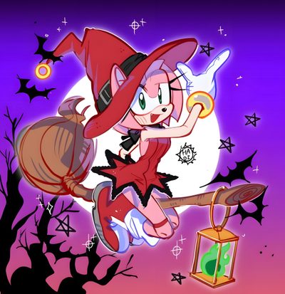an image of a cartoon witch flying in the sky Amy Rose Halloween Amy Rose And Rouge The Bat, Amy Rose The Bat, Sonic And Amy Halloween, dark magenta