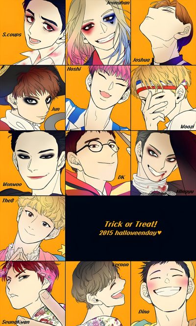 an image of some anime characters with different expressions on their faces and hair color scheme Seventeen Halloween Svt Fanart, Seventeen Halloween, Seventeen Cosplay, Seventeen Fan Art, sandy brown