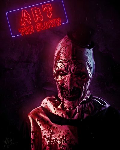 a creepy clown wearing a cape and holding a neon sign above his head that says art the glow Art The Clown Halloween Art The Clown, Art The Clown Poster, Art The Clown Artwork, black