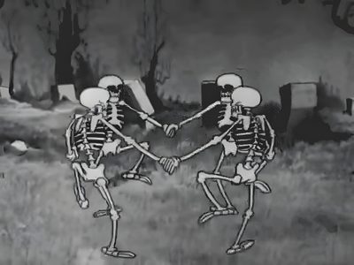 two skeletons dancing in the middle of a field with tombstones behind them, and one skeleton holding another's hand Halloween Skeleton Party Spooky Skeleton Dance Gif, Skeleton Dance Cartoon Gif, The Skeleton Dance 1929 Disney, dim gray