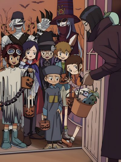a group of people dressed up in halloween costumes Digimon Halloween Digimon Movie, Digimon Halloween Costume, Digimon Adventure Anime, dark olive green