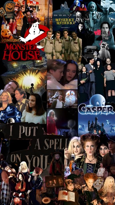 collage of movie posters with characters and captions in the middle one has a ghost on it's head Halloween Iphone Movies And Shows Movie Aesthetic, Popular Halloween Movies, 90s Halloween, dark slate gray