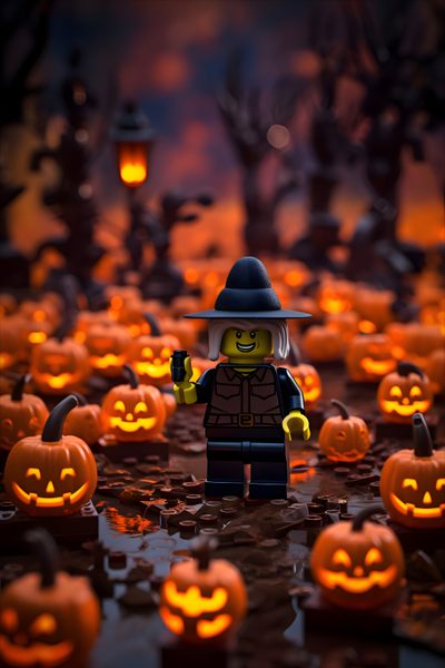 there is a lego man standing in the middle of pumpkins that are lit up Halloween Lego Lego Friends Halloween, Lego Autumn, Fall Lego, Halloween Lego Builds, black
