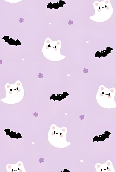 a purple background with white cats and bats on the bottom half of it, as well as stars Pastel Purple Halloween Image Halloween, Cute Cute Purple Halloween, Halloween Pastel, Goth, gainsboro