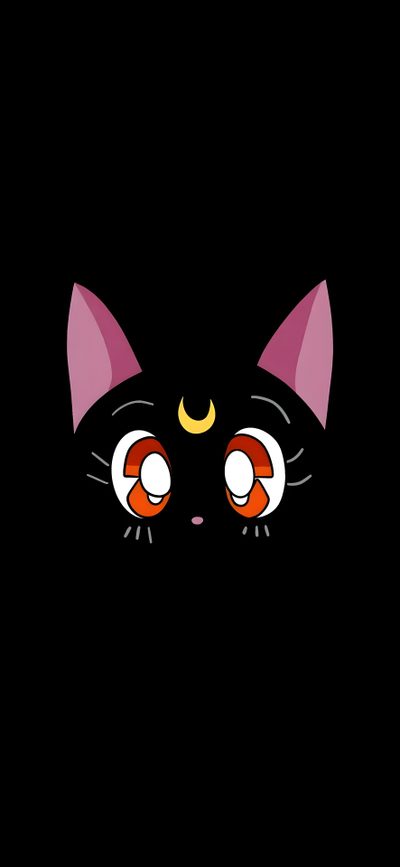a black cat with pink ears and orange eyes on it's face in the dark Sailor Moon Halloween Samsung Watch 7, Sailor Moon Luna, Sailor Moon Black Cat, Luna Sailormoon,