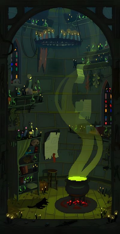 a room filled with lots of furniture and lights Halloween Pixel Art Gif Wizards Lair, Pixel Art Cauldron, Witch Lair, Witches Lair, Cauldron Pixel Art, black