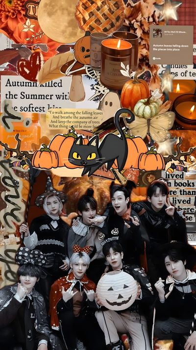 a group of people that are standing in front of a collage with pumpkins Skz Halloween Tree Hut, Fall Kids, Halloween, Kids, Falling Down, Halloween Kids, sienna