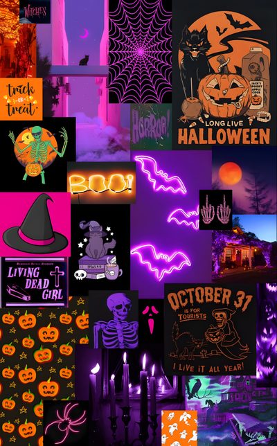 a collage of halloween images with neon lights and pumpkins in the background, Purple And Orange Halloween Halloween Lockscreen Purple, Spooky Purple For Halloween, Purple And Orange Halloween, dark slate gray