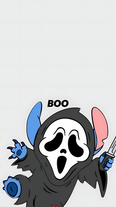 a cartoon character holding a knife and fork in his hand with the words boo on it Stitch Halloween Ghostface Cute Stitch Halloween Aesthetic, Cute Halloween Stitch Backgrounds, Stitch Ghostface, gainsboro