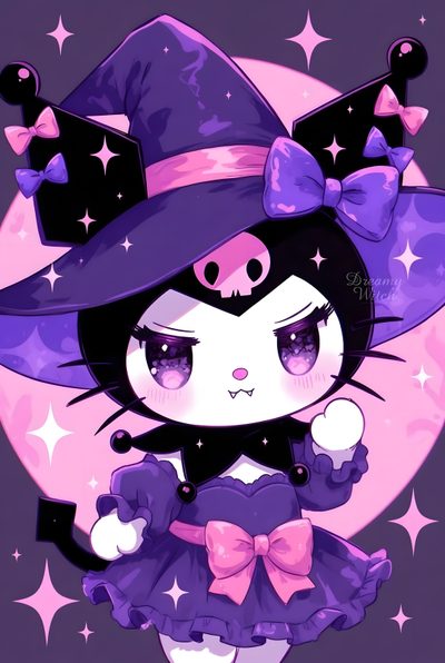 a cartoon character wearing a purple hat and dress with stars around her neck, standing in front of a full moon Halloween Cute Kuromi Halloween Halloween Purple Halloween Cute Kuromi, Kuromi Halloween Images, Cute Kuromi Halloween, dark slate blue