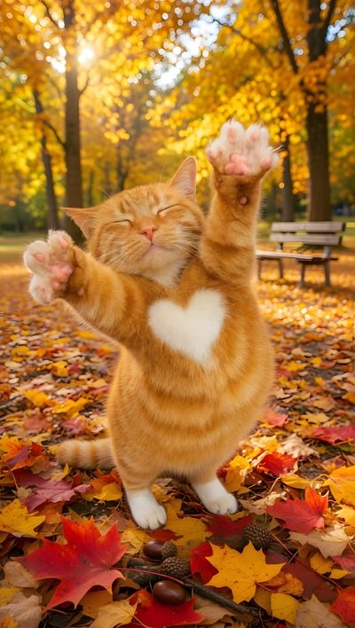 an orange and white cat standing on it's hind legs in the fall leaves Orange Cat Halloween Cute Animals, Animaux Mignons, Sleepy Kitten, Cute Cats, Fall Cat, Autumn Cat, chocolate