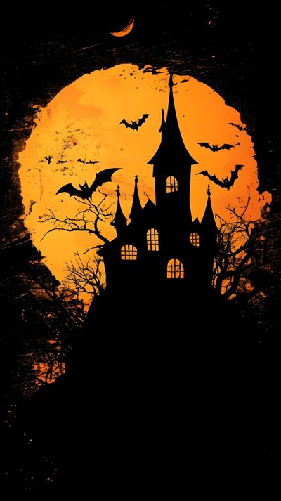 a castle with bats flying over it at night Black And Gold And Orange Halloween Halloween Castle Silhouette With Bats, Halloween Decoration Ideas, Orange Moon Halloween Art,
