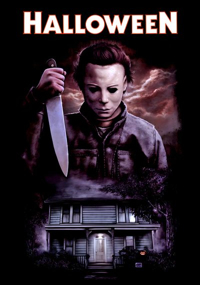 a movie poster for halloween with a person holding a knife in front of a house Halloween 1978 Michael Myers Halloween Movie 1978, Halloween 1978 Poster, Halloween Cover Photos, black