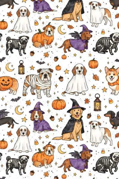 halloween dogs and pumpkins on white background with stars, bats, and jack - o'- lanterns Halloween Dog Background Halloween Designs, Dog Halloween Costumes, Dog Costumes, Halloween Fabric, white