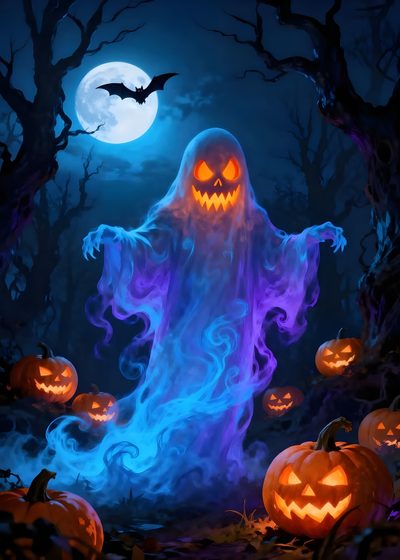 a halloween scene with pumpkins and ghost Zedge Halloween Happy Halloween Pictures, Youtube Halloween, Halloween Moon, Mickey Mouse, midnight blue