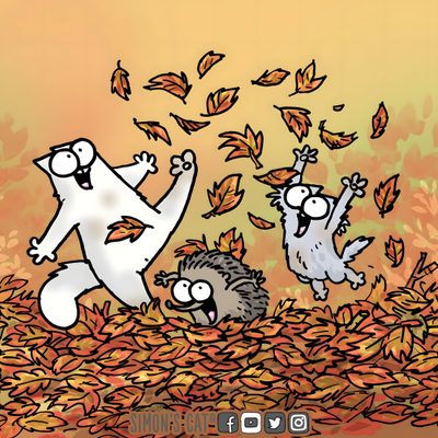 an image of two animals playing in the leaves with one animal falling off his back Simons Cat Halloween Hd Simon's Cat Cartoon Style, Simons Cat Meme, Simon's Cat Cartoon Drawing, dark khaki