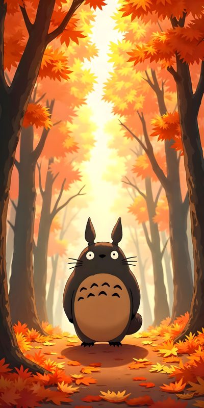 the cartoon totoro is sitting in front of trees with leaves on it and an orange background Totoro Halloween Totoro Iphone, Ghibli Autumn, Ghibli Fall, Halloween Totoro, Studio Ghibli Fall, chocolate