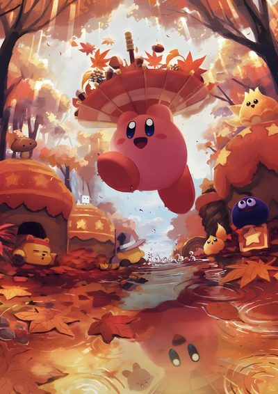 an animated character flying through the air over leaves and trees in front of a pond Kirby Halloween Iphone Kirby Fall, Kirby Game, Kirby Autumn, Pokemon Anime Scenery, Kirby Art, indian red