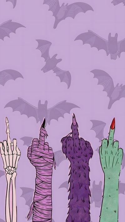 four different types of hand puppets with bats in the sky behind them on purple background Purple Edgy Aesthetic Halloween Halloween Aesthetic Purple, Purple Halloween Background, Dress Your Tech, plum