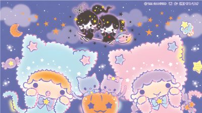 an image of three cartoon sheeps with stars and moon in the sky above them Little Twin Stars Halloween Sanrio Halloween Laptop, Kiki And Lala Halloween, Halloween Sanrio Desktop, silver