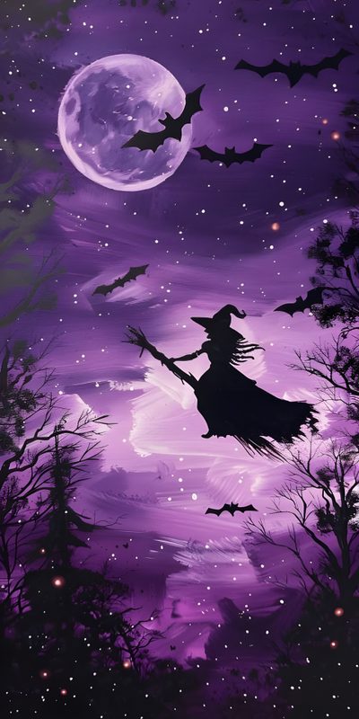 a painting of a witch flying in the night sky Halloween Cute Witch Purple Purple Witch Halloween, Witches Iphone, Purple Flying Witch, dark slate blue