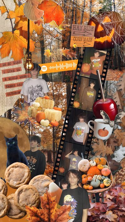 a collage of pictures with pumpkins, leaves and other things Sturniolo Halloween Thanksgiving Aesthetic Laptop, Cute Fall Collage Laptop, Aesthetic Fall Collage Laptop, sienna
