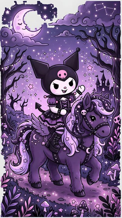 a cartoon character riding on the back of a horse under a purple sky with stars Halloween Purple Halloween Cute Kuromi Dark Purple Kuromi, Sanrio Characters Kuromi, Pictures Of Kuromi, dark slate blue