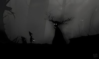 a black and white photo of two people in the woods at night with glowing eyes Halloween Over The Garden Wall Dark Cottagecore Laptop, Over The Garden Wall Laptop, Creepy For Laptop, dark slate gray