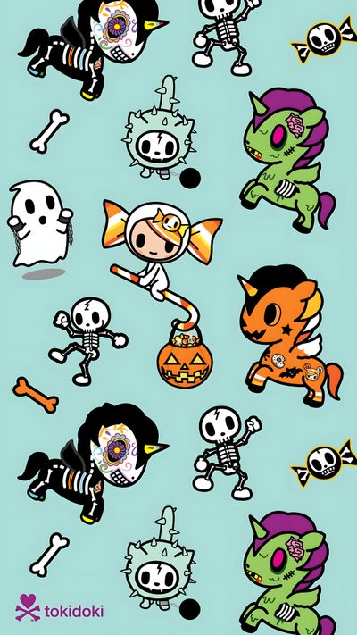 an image of cartoon characters with different expressions on the same wallpaper, but in color Tokidoki Halloween Toki Doki Iphone, Lisa Frank Halloween, Tokidoki Skeleton, Tokidoki Iphone, light blue