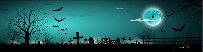 a cemetery with bats and tombstones in the grass at night, under a full moon Halloween Banner Halloween Background Facebook, Horror Banner Background, Happy Halloween Grungy Full Moon Facebook Cover, dark slate gray