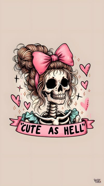 a skeleton with a pink bow on it's head and the words cute as hell Cute Aesthetic Halloween Skeleton Cute Skeleton With Pink Bow, Gothic Cute Aesthetic, Pink Bow Skull Art, light gray