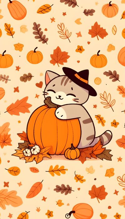 a cat sitting on top of a pumpkin surrounded by leaves Cute Cat Halloween Fall Cat Iphone, Cute Pumpkin Cat, Fall Cats, Pumpkin Cat, moccasin