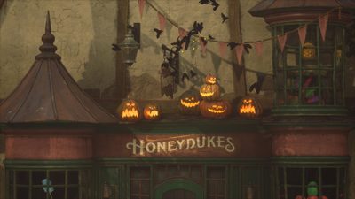 an animated halloween scene with pumpkins and jack - o'- lanternes in front of a building Hogwarts Halloween Desktop Computer Harry Potter, Autumn For Laptop, Halloween Backgrounds Laptop, dark slate gray