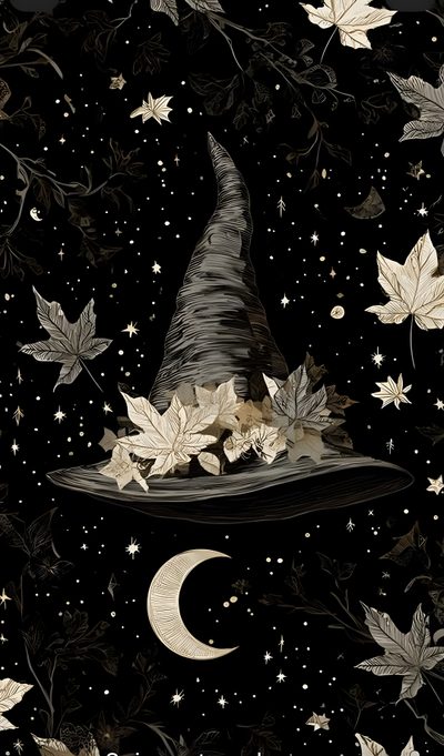 a witch's hat with leaves and stars in the background Halloween Witch Hat Cute Spooky Fall, Witchy Background, Halloween Screensavers Iphone, black