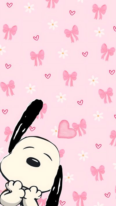 a cartoon character with hearts and bows on a pink background Pink Snoopy Halloween Hello Kitty Backgrounds, Snoopy, Hello Kitty, Kitty, Pink, misty rose