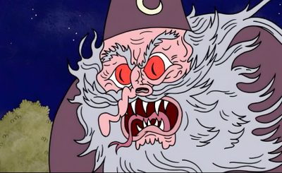 an evil looking cartoon character with his mouth wide open and red eyes, in front of a night sky Regular Show Halloween Cartoon Spooky, Regular Show Wizard, Spooky Animated Characters, dim gray