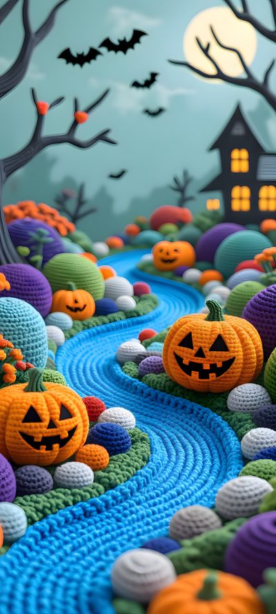 knitted pumpkins on the ground with houses in the background Halloween 4d 3d Iphone Halloween, 3d Halloween, Halloween 4d, Crochet Iphone, Mint Green Iphone, slate gray